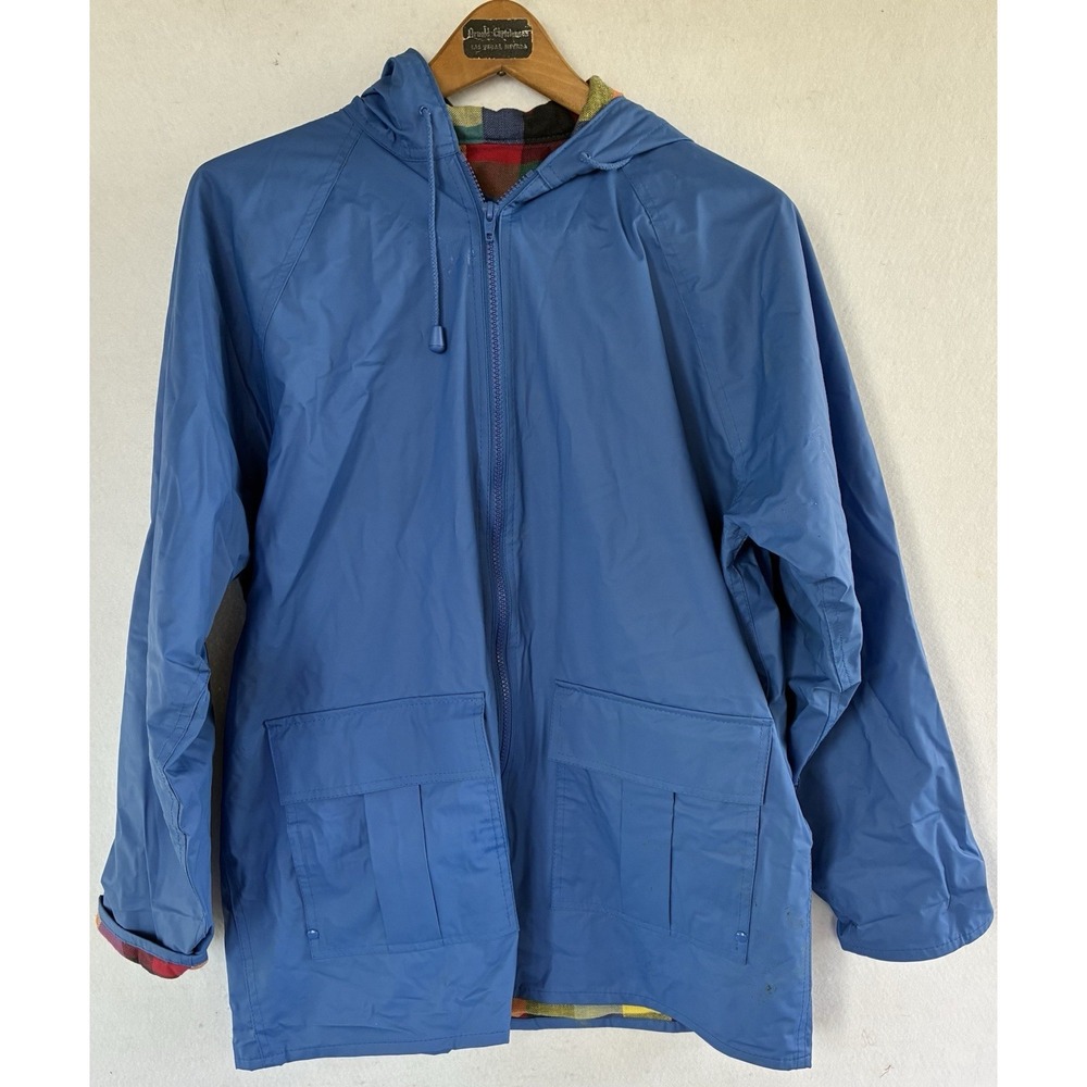 Misty Harbor Unisex Hooded Waterproof Rain Jacket Blue Plaid Size Small